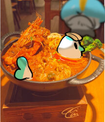  1other alternate_color angry artist_name bird black_eyes blank_eyes blue_hair blurry blurry_background bowl bowl_cut broccoli colored_skin commentary english_commentary food food_focus food_on_head frown hair_over_eyes in_food indoors lotus_root object_on_head photo_background pokemon pokemon_(creature) ralts ripples shiny_pokemon short_hair shrimp signature solid_oval_eyes white_skin yueryu_(taroyuer2) 