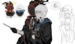  1girl 1other binoculars black_coat black_gloves blue_necktie blue_scarf chinese_commentary clock coat collared_shirt commentary_request crossover dante_(limbus_company) dated_commentary diagonal-striped_clothes diagonal-striped_necktie faust_(project_moon) flaming_head gloves grey_sweater_vest gryffindor highres hogwarts_school_uniform ivy_(675671) limbus_company necktie object_head project_moon ravenclaw red_necktie red_scarf scarf school_uniform shirt star_(symbol) striped_clothes sweater_vest white_background white_shirt wizarding_world 