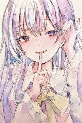  1girl absurdres bow bowtie finger_to_mouth frills hand_in_own_hair highres hime_cut houraisan_kaguya kamu_kotan long_sleeves painting_(medium) parted_lips pink_eyes pink_shirt puffy_sleeves shirt smile solo touhou traditional_media watercolor_(medium) yellow_bow yellow_bowtie 