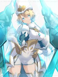  1girl absurdres blonde_hair blue_eyes blue_hair breasts clear_glass_(mildmild1311) commentary_request fire_emblem fire_emblem_heroes fjorm_(fire_emblem) gradient_hair hat highres holding holding_polearm holding_weapon ice jewelry medium_breasts multicolored_hair necklace polearm solo spear thigh-highs thighs watermark weapon white_hat white_thighhighs 