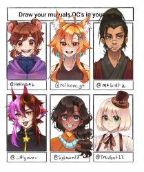  3boys 3girls ahoge animal_ear_fluff animal_ears beard_stubble black_hair black_jacket blonde_hair blue_eyes borrowed_character brown_eyes brown_hair brown_hat closed_mouth commentary double-parted_bangs english_commentary facial_hair forked_tongue green_eyes hair_between_eyes hair_ornament hat highres hood hood_down hoodie horns jacket kuraedo long_hair looking_at_viewer looking_to_the_side mini_hat mini_top_hat multicolored_hair multiple_boys multiple_drawing_challenge multiple_girls mustache_stubble open_mouth orange_eyes orange_hair original pink_hair purple_hoodie scar scar_on_face scar_on_nose shirt short_hair sidelocks six_fanarts_challenge smile split-color_hair stubble tongue tongue_out top_hat two-tone_hair white_background white_shirt x_hair_ornament 
