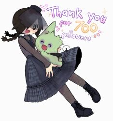  1girl asa_(asagh0st) beetlejuice black_boots black_eyes black_hair blue_dress boots braid bright_pupils commentary cosplay creature defect_mogeko dress english_commentary english_text fishnet_pantyhose fishnet_sleeves fishnets funamusea gothic_lolita hair_over_one_eye hat hug kurai_yonaka lolita_fashion lydia_deetz lydia_deetz_(cosplay) mini_hat mini_top_hat mogeko_(species) mogeko_castle open_mouth pantyhose simple_background smile sparkle thank_you top_hat twin_braids white_background white_pupils 