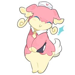  ! 1girl ^_^ animal_ears animal_hands audino body_fur clipboard closed_eyes closed_mouth clothed_pokemon commentary detached_collar facing_viewer foreigner_(pixiv_119387446) furry furry_female happy hat heart heart_print highres holding holding_clipboard nurse_cap own_hands_together pink_fur pokemon pokemon_(creature) print_hat short_tail simple_background smile solo tail two-tone_fur v_arms white_background white_hat yellow_fur 