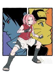  1girl 2boys black_shorts blue_eyes boots chara_no7 clenched_hands commentary_request facial_mark fighting_stance fingerless_gloves forehead_protector frown gloves green_eyes hairband haruno_sakura highres knee_boots multiple_boys naruto_(series) naruto_shippuuden open-toe_boots pink_hair red_eyes red_hairband sharingan short_hair shorts smile twitter_username uchiha_sasuke uzumaki_naruto watermark whisker_markings 