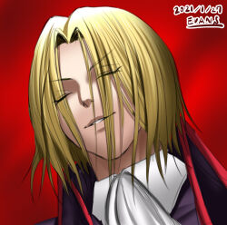  1boy ascot blonde_hair brown_cape cape closed_eyes coat commentary_request formal_clothes giruba light_smile male_focus medium_hair melty_blood night_of_wallachia profile purple_coat red_background smile tsukihime vampire wavy_hair 