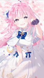  1girl angel_wings blue_archive blue_bow blurry blurry_background blurry_foreground bow breasts brown_eyes capelet cherry_blossoms commentary_request crescent dress feathered_wings flower gold_trim hair_bun hair_flower hair_intakes hair_ornament halo hand_up highres holding holding_leaf leaf long_hair looking_at_viewer low_wings medium_breasts mika_(blue_archive) pink_hair purple_flower segawa_luna single_hair_bun single_side_bun smile solo very_long_hair watermark white_capelet white_dress white_wings wing_ornament wings 
