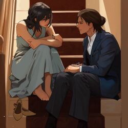  1boy 1girl artist_name barefoot black_hair black_pants black_socks blue_dress blue_jacket brown_hair collared_shirt commentary couple crossed_arms cup dress eren_yeager hair_between_eyes hair_bun hetero highres holding holding_cup hugging_own_legs jacket long_dress long_hair looking_at_another looking_at_viewer medium_hair mikasa_ackerman pants scar scar_on_cheek scar_on_face shingeki_no_kyojin shirt shoes sitting sleeveless sleeveless_dress socks stairs suit_jacket sumiensp sundress symbol-only_commentary unworn_shoes updo watch watch white_shirt 