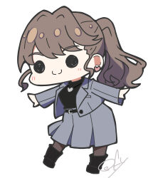  1girl absurdres black_boots black_pantyhose black_sweater boots brown_hair c: chibi chibi_only closed_mouth commentary_request fujishima_megumi fujishima_megumi_(post-graduation) grey_jacket grey_skirt heart heart_necklace highres jacket jewelry link!_like!_love_live! long_sleeves love_live! medium_skirt necklace official_alternate_costume oofushi_ao open_clothes open_jacket outstretched_arms pantyhose pleated_skirt signature simple_background skirt smile solid_circle_eyes solo split_mouth spread_arms suit_jacket sweater turtleneck turtleneck_sweater virtual_youtuber white_background 