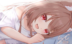  1girl :d animal_ears brown_hair commentary_request facing_viewer fangs highres long_hair looking_at_viewer lying off_shoulder on_side open_mouth original rade_(rade_552) red_eyes revision shirt signature smile solo white_shirt wolf_ears wolf_girl 