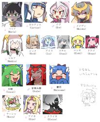  2boys 6+girls arceus black_hair blonde_hair blue_eyes blue_hair blue_skin blush blush_stickers brown_eyes brown_hair cartier_(kasugai_(de-tteiu)) character_name closed_eyes colored_skin commentary cresselia darkrai dialga donbe_(kasugai_(de-tteiu)) drago_(kasugai_(de-tteiu)) eine_(kasugai_(de-tteiu)) eleki_(kasugai_(de-tteiu)) english_text eve_(kasugai_(de-tteiu)) fake_horns fang fangs full-face_blush giratina green_hair grey_hair grey_skin groudon horned_headwear horns ice_(kasugai_(de-tteiu)) kasugai_(de-tteiu) kleine_(kasugai_(de-tteiu)) kyogre machia_(kasugai_(de-tteiu)) maiden_(kasugai_(de-tteiu)) maria_(kasugai_(de-tteiu)) multicolored_eyes multicolored_hair multiple_boys multiple_girls murasame_(kasugai_(de-tteiu)) nasya_(kasugai_(de-tteiu)) palkia pink_eyes pink_hair pink_skin pokemon pokemon_dppt pokemon_rse pokemon_swsh portrait rayquaza red_eyes red_hair regice regidrago regieleki regigigas regirock registeel riding rock_(kasugai_(de-tteiu)) shaymin sidelocks steel_(kasugai_(de-tteiu)) tensei_(kasugai_(de-tteiu)) two-tone_hair white_hair yellow_eyes yellow_skin 
