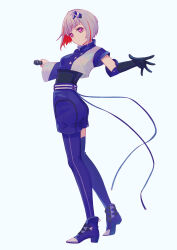  1girl asymmetrical_sleeves black_gloves blue_jacket blue_pantyhose blue_shorts blue_thighhighs breasts colored_inner_hair commentary elbow_gloves full_body gloves grey_background grey_hair highres holding holding_microphone jacket ladybug/beauty_(love_live!) link!_like!_love_live! long_sleeves looking_at_viewer love_live! macken666 medium_breasts microphone multicolored_hair official_alternate_costume pantyhose pink_eyes red_hair short_shorts short_sleeves shorts simple_background single_elbow_glove single_glove single_leg_pantyhose single_thighhigh solo streaked_hair thigh-highs uneven_sleeves virtual_youtuber yugiri_tsuzuri 