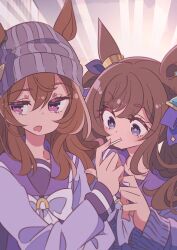  2girls animal_ears beanie blue_eyes bow bowtie brown_hair commentary_request ear_ornament ears_through_headwear grey_hat hair_between_eyes hat honkawa_works horse_ears horse_girl lollipop_in_mouth long_hair long_sleeves looking_to_the_side multiple_girls nakayama_festa_(umamusume) open_mouth purple_sailor_collar purple_shirt sailor_collar school_uniform shirt sideways_glance tosen_jordan_(umamusume) tracen_school_uniform umamusume violet_eyes white_bow white_bowtie winter_uniform 