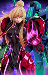  1boy 1girl absurdres andoryu_anzuru arm_cannon blonde_hair english_commentary highres long_hair looking_at_viewer metroid metroid_prime_4:_beyond mole mole_under_mouth ponytail power_suit_(metroid) samus_aran sylux_(metroid) vi-o-la_suit violet_eyes weapon 