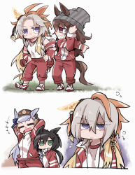  +++ 4girls :d ahoge animal_ears arms_behind_head arms_up beanie beer_hsk black_hair blonde_hair braid brown_hair brown_hat closed_eyes closed_mouth commentary_request cross-body_stretch crown_braid ear_covers ears_down ears_through_headwear forehead gold_ship_(umamusume) green_eyes grey_hair grey_hat grin hair_between_eyes hat highres horse_ears horse_girl horse_tail jacket kin'iro_ryotei_(umamusume) long_hair mini_hat multicolored_hair multiple_girls nakayama_festa_(umamusume) off_shoulder open_clothes open_jacket orfevre_(umamusume) pants parted_bangs red_jacket red_pants shirt smile striped_clothes striped_headwear tail track_jacket track_pants track_suit two-tone_hair umamusume v-shaped_eyebrows vertical-striped_clothes vertical-striped_headwear very_long_hair violet_eyes white_shirt 