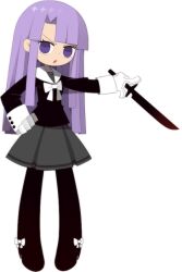  1girl black_leggings black_shirt bow full_body funamusea funamusea_(artist) gloves grey_skirt hime_cut holding holding_weapon if_(funamusea) knife leggings long_hair official_art purple_hair school_uniform shirt simple_background skirt solo standing violet_eyes weapon white_background white_bow white_gloves 