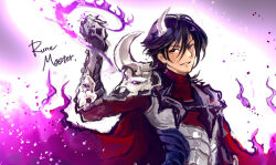  1boy armor black_eyes breastplate cape commentary_request fire gobaku_no_hito horns looking_at_viewer male_focus pauldrons purple_background purple_fire purple_hair pyrokinesis ragnarok_masters ragnarok_online red_cape red_shirt runemaster_(ragnarok_masters) shirt short_hair shoulder_armor single_pauldron skull_pauldron smile solo upper_body white_horns 