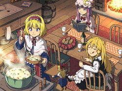  3girls :q alice_margatroid apron back_bow barrel black_shoes black_skirt black_vest blonde_hair blue_bow blue_dress blue_eyes book bottle bow bowtie braid bread capelet chair closed_eyes closed_mouth commentary_request cooking_pot crescent crescent_hat_ornament cup dress drinking_glass fireplace food frilled_hairband frills fringe-trimmed_capelet fringe_trim hair_bow hairband hat hat_ornament holding holding_book holding_ladle holding_spoon indoors inuno_rakugaki jar kirisame_marisa ladle lolita_hairband long_sleeves mary_janes multiple_girls no_headwear on_chair open_book patchouli_knowledge pink_dress pink_hat purple_hair red_bow red_bowtie red_carpet red_hairband shanghai_doll shoes side_braid single_braid sitting skirt smile socks spoon steam stew table tongue tongue_out touhou vest violet_eyes waist_apron white_apron white_bow white_capelet white_socks 