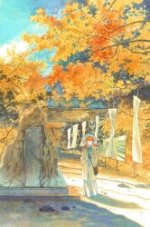  1girl 9484gu ahoge aqua_shirt autumn autumn_leaves bag black_bag chinese_commentary closed_eyes closed_mouth coat commentary_request day full_body hat highres lapels leaf long_hair long_skirt notched_lapels open_clothes open_coat orange_hair original outdoors painting_(medium) rock shirt short_hair shoulder_bag sign skirt solo traditional_media tree twintails watercolor_(medium) white_coat white_hat white_skirt 