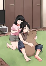  2girls animal barefoot black_hair brown_shirt capybara holding holding_animal indoors kirinama01 medium_hair multiple_girls original pink_shirt rug shirt shorts sleeveless sleeveless_shirt television wooden_floor 