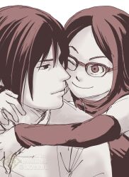  1boy 1girl boruto:_naruto_next_generations chara_no7 commentary_request detached_sleeves father_and_daughter glasses greyscale highres hug monochrome naruto_(series) one_eye_closed over-rim_eyewear semi-rimless_eyewear short_hair twitter_username uchiha_sarada uchiha_sasuke watermark 