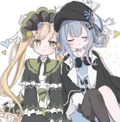  2girls black_capelet black_hat black_pantyhose blonde_hair blue_hair blue_necktie braid braided_hair_rings capelet commentary_request cowboy_shot deerstalker dress flower green_bonnet green_dress green_eyes hair_rings hat heart highres long_hair long_sleeves looking_at_another mahou_shoujo_no_majo_saiban meruto_(cuq_oz) multiple_girls necktie pantyhose pout rose short_hair single_leg_pantyhose sitting sweatdrop tachibana_sherry tono_hanna twintails yellow_flower yellow_rose 