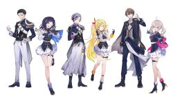  3boys 3girls :d ahoge aiba_uiha aiguillette ankle_boots asymmetrical_footwear black_hair black_vest blonde_hair blue_boots blue_bow blue_cape blue_eyes blue_gloves blue_jacket blue_pants blue_shirt blue_shoes blue_skirt blush boots bow bracelet braid braided_bangs brown_eyes brown_hair cape closed_mouth clothing_cutout colored_shoe_soles cropped_jacket epaulettes fur_bracelet fuwa_minato gloves gold_trim grey_cape grey_hair grey_vest hair_bow hair_ornament half_gloves halter_shirt halterneck hand_on_own_hip hand_up hands_up heart heart_hands high_heel_boots high_heels hoshikawa_sara idol_clothes jacket jewelry kagami_hayato knees_together_feet_apart layered_shirt layered_skirt long_hair long_sleeves looking_at_viewer medium_hair midriff_peek miniskirt mismatched_footwear multicolored_hair multiple_boys multiple_girls multiple_hair_bows multiple_thigh_straps nijisanji nijisanji_idol_uniform official_art one_eye_closed open_mouth orange_bow pants pink_cape pink_eyes pink_hair purple_hair red_bow second-party_source shirt shoes short_hair shoulder_cutout side_cape side_ponytail simple_background single_epaulette skirt sleeve_cuffs sleeveless sleeveless_shirt smile standing standing_on_one_leg streaked_hair sukoya_kana suou_(sdurorhr) tassel thigh_strap transparent_background twintails two-sided_cape two-sided_fabric uiro_(aiba_uiha) very_long_hair very_short_hair vest violet_eyes virtual_youtuber white_bow white_gloves white_overskirt white_pants white_shirt white_skirt x_hair_ornament yashiro_kizuku yellow_eyes 