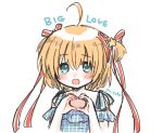  1girl :d ahoge alternate_costume aqua_eyes artist_name blonde_hair blue_shirt blush casual commentary english_text hair_between_eyes hair_ornament hair_ribbon hands_up happy heart heart_hands kamikita_komari little_busters! long_ribbon looking_at_viewer micchi_(koto_maple) open_mouth plaid plaid_shirt red_ribbon ribbon shirt short_hair short_sleeves simple_background sketch smile solo star_(symbol) star_hair_ornament two_side_up upper_body white_background 