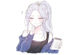  1girl alternate_hairstyle armpit_crease bangs_pinned_back black_tank_top blue_jacket blush closed_eyes closed_mouth collarbone commentary_request cropped_torso facing_viewer finger_to_own_chin hair_ornament hairclip hand_on_own_chin hands_up holding holding_notepad jacket komeng_64 korean_commentary long_hair long_sleeves notepad off_shoulder open_clothes open_jacket ponytail project_sekai purple_shirt shirt sidelocks simple_background smile solo tank_top track_jacket upper_body white_background white_hair yoisaki_kanade 