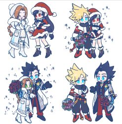  105zz 2boys 2girls aerith_gainsborough aerith_gainsborough_(fairy_of_snowfall) belt black_gloves black_hair black_pants black_scarf blonde_hair blue_eyes blush boots bouquet braid braided_ponytail brown_hair brown_pants capelet christmas closed_mouth cloud_strife cloud_strife_(holiday_outfit) coat commentary_request cross_scar final_fantasy final_fantasy_vii final_fantasy_vii:_ever_crisis flower full_body fur-trimmed_capelet fur-trimmed_headwear fur-trimmed_jacket fur-trimmed_sleeves fur_trim gloves green_eyes hat high_heel_boots high_heels holding holding_bouquet jacket long_hair looking_at_another low-tied_long_hair miniskirt multiple_boys multiple_girls multiple_views official_alternate_costume open_clothes open_jacket pants parted_bangs pink_flower pom_pom_(clothes) ponytail red_belt red_boots red_capelet red_eyes red_flower red_hat red_jacket red_rose red_skirt rose santa_hat scar scar_on_cheek scar_on_face scarf short_hair simple_background skirt smile snowing sparkle spiky_hair standing sweater swept_bangs tifa_lockhart tifa_lockhart_(fairy_of_the_holy_flame) turtleneck turtleneck_sweater white_background white_boots white_coat white_flower white_gloves white_hat white_sweater yellow_flower zack_fair zack_fair_(holiday_suit) 
