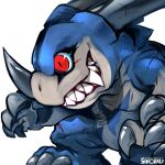  1other artist_name claws digimon digimon_(creature) from_side horns no_humans red_eyes sharp_teeth simple_background sinobali smile solo teeth v-dramon watermark white_background 