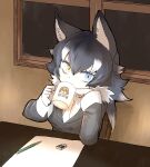  1girl absurdres animal_ears blue_eyes cup drinking eraser fur_collar grey_hair grey_jacket grey_wolf_(kemono_friends) hair_between_eyes heterochromia highres jacket kemono_friends long_hair long_sleeves mug multicolored_hair necktie nenkou-san paper pencil shirt sidelocks sleeve_cuffs solo white_fur white_hair white_shirt wolf_ears wolf_girl yellow_eyes 