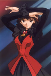  1990s_(style) 1girl absurdres anime_coloring arms_up artist_request black_dress black_eyes breasts brown_hair closed_mouth cowboy_shot determined dress expressionless frilled_dress frills highres jewelry key_the_metal_idol layered_dress long_sleeves looking_at_viewer medium_breasts official_art red_dress retro_artstyle scan short_hair solo third-party_source utsuse_miho 