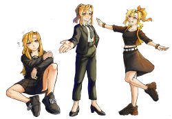  1girl black_jacket black_necktie black_pants black_sailor_collar black_serafuku black_shirt black_skirt black_suit blush brown_shoes collarbone commentary gmeg011 grin highres jacket koishikawa_iko long_hair long_sleeves looking_at_viewer multiple_views neckerchief necktie open_clothes open_jacket orange_jacket pants pleated_skirt red_neckerchief sailor_collar scar scar_across_eyebrow scar_on_face school_uniform serafuku shirt shoes shy_(series) simple_background skirt smile standing suit symbol-only_commentary teeth 