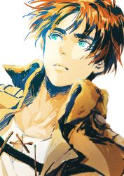  1boy aqua_eyes brown_hair brown_jacket chacall closed_mouth commentary_request eren_yeager jacket looking_to_the_side male_focus shingeki_no_kyojin shirt short_hair simple_background solo white_background white_shirt 