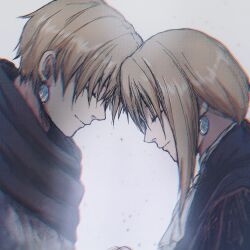  1boy 1girl ascot black_scarf blonde_hair blue_jacket brother_and_sister closed_eyes closed_mouth duchess_(elden_ring) earrings elden_ring elden_ring_nightreign jacket jewelry long_hair makinko scarf short_hair siblings single_earring smile white_ascot white_background wylder_(elden_ring) 