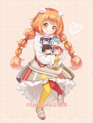 2boys 3girls :3 asymmetrical_legwear black_hair blue_eyes blue_hair blunt_bangs blush braid brown_shoes closed_mouth commentary fork_hair_ornament frilled_skirt frills full_body grey_skirt grid_background heart highres holding holding_mini_person kirara_tamako long_hair long_sleeves mini_person miniboy minigirl mismatched_legwear multicolored_hair multiple_boys multiple_girls nagisa_trout nanase_suzuna nijisanji orange_eyes orange_hair pantyhose purple_hair red_eyes red_hair red_pantyhose sakayori_soma saotome_berry shirt shoes skirt smile speciale_(nijisanji) standing standing_on_one_leg streaked_hair striped_clothes striped_skirt tokoshibyra twin_braids twintails vertical-striped_clothes vertical-striped_skirt violet_eyes virtual_youtuber white_shirt yellow_eyes yellow_pantyhose