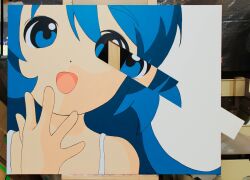  1girl acrylic_paint_(medium) bare_shoulders blue_eyes blue_hair hand_up highres long_hair looking_at_viewer momoe_(mme_daigaku) open_mouth original painting_(medium) portrait solo spaghetti_strap traditional_media unconventional_media 