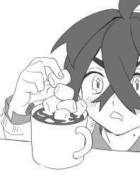  1boy ahoge balancing commentary_request crossed_bangs cup drooling food hair_between_eyes highres holding holding_food hot_chocolate kieran_(pokemon) male_focus marshmallow mole mole_on_neck monochrome mouth_drool mug naruse_makoto pokemon pokemon_sv sketch solo sparkling_eyes stacking too_many 