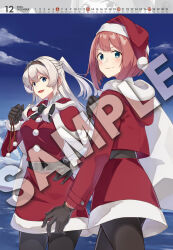  2girls ark_royal_(kancolle) belt black_belt black_gloves black_pantyhose blue_eyes bob_cut braid breasts calendar_(medium) capelet commentary_request cowboy_shot dress fur-trimmed_capelet fur-trimmed_dress fur-trimmed_headwear fur_trim glorious_(kancolle) gloves grey_hair half_up_braid hat highres holding holding_sack kantai_collection konishi_(koconatu) long_sleeves looking_at_viewer multiple_girls official_art open_mouth pantyhose red_capelet red_dress red_hair red_hat sack santa_costume santa_dress santa_hat short_hair smile third-party_source watermark 