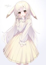  1girl blush brown_eyes closed_mouth commentary_request droopy_ears hair_between_eyes hand_up highres light_smile long_hair long_sleeves looking_at_viewer moti_yousei peakychu personification pikachu pokemon pokemon_pokopia shirt simple_background skirt solo very_long_hair white_background white_hair white_shirt yellow_skirt 