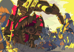  atmospheric_perspective black_skirt black_vest blurry blurry_foreground bow brown_hair cannon character_request clouds cloudy_sky commentary_request detached_sleeves field_of_blades frilled_skirt frills hakurei_reimu headdress himekaidou_hatate holding holding_shield horse instrument itsumo_nokoru kochiya_sanae long_skirt lute_(instrument) maid_headdress pleated_skirt purple_skirt red_bow shameimaru_aya shield short_hair skirt sky sword_world sword_world_2.0 touhou twintails vest warm_colored white_headdress white_sleeves wide_sleeves yellow_clouds 