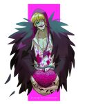  1boy blonde_hair blood blood_on_clothes blood_on_face coat coat_on_shoulders cropped_torso devil_fruit donquixote_rocinante facing_viewer fur_coat head_tilt heart heart_print highres holding hood incoming_gift keysandcrosses long_sleeves makeup male_focus one_piece pectoral_cleavage pectorals pink_coat red_hood smile solo tears_from_one_eye 