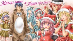  3boys 4girls aaron_wei agnes_claudel animal_costume antlers christmas commentary_request eiyuu_densetsu feri_al-fayed happy happy_new_year hat highres horns kuro_no_kiseki_(series) merry_christmas multiple_boys multiple_girls quatre_salision reindeer_antlers reindeer_costume risette_twinings santa_costume santa_hat van_arkride you_george24 yume_(kuro_no_kiseki) 