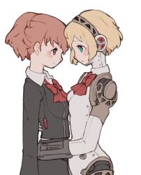  2girls absurdres aigis_(persona) android aqua_eyes arms_around_waist black_jacket black_skirt blonde_hair blush bow bowtie breast_press brown_hair closed_mouth cowboy_shot earphones_removed from_side gekkoukan_high_school_uniform gold_hairband hairband highres jacket joints looking_at_another multiple_girls parted_lips persona persona_3 persona_3_portable ponytail profile red_bow red_bowtie red_eyes robot_ears robot_joints school_uniform shiomi_kotone short_hair simple_background skirt smile standing tbjj1208 white_background yuri 