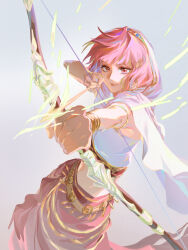  1girl armlet arrow_(projectile) bare_shoulders belt bow_(weapon) bracelet cloak closed_mouth commentary cowboy_shot crop_top drawing_bow earrings energy_arrow english_commentary eyelashes floating_clothes floating_hair fringe_trim gold_armlet gold_belt gold_bracelet gold_earrings grey_background hair_tubes happy highres holding holding_arrow holding_bow_(weapon) holding_weapon hood hood_up hooded_cloak hoop_earrings infinity_nikki jewelry long_skirt looking_ahead loose_hair_strand makino_gengetsu midriff multiple_bracelets nikki_(nikki) nikki_(series) pink_eyes pink_hair pleated_skirt purifying_wind_(infinity_nikki) red_skirt shirt short_hair simple_background skirt sleeveless sleeveless_shirt smirk solo thick_lips weapon white_cloak white_shirt 
