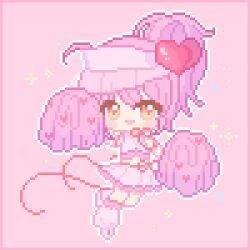 1girl amulet_heart anmian_ruomeng bare_shoulders blush_stickers border chibi chinese_commentary commentary_request crop_top detached_sleeves floating hair_between_eyes hair_ornament happy hat heart heart_hair_ornament high_side_ponytail hinamori_amu holding holding_pom_poms leg_warmers magical_girl midriff miniskirt neck_ribbon open_mouth outline pink_background pink_border pink_hair pink_leg_warmers pink_shirt pink_shoes pink_skirt pink_sleeves pink_theme pixel_art pleated_skirt pom_pom_(cheerleading) red_ribbon ribbon see-through_clothes see-through_headwear shirt shoes short_hair short_side_ponytail short_sleeves shugo_chara! simple_background skirt skirt_set sleeveless sleeveless_shirt smile solo sparkle tareme v-neck visor_cap waist_ribbon white_hat white_outline yellow_eyes 