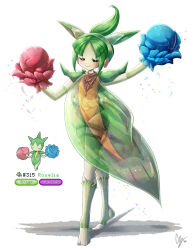  1girl absurdres boxing_gloves character_name closed_eyes dress endifi full_body green_hair highres parted_bangs personification pokedex_number pokemon roselia_(pokemon) see-through_clothes solo standing white_background 