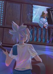  2girls acoustic_guitar amaryllis_(dr._stone) balcony blush brown_hair choker curtains dark-skinned_female dark_skin dr._stone dreadlocks guitar high_ponytail highres holding holding_instrument implied_yuri indoors instrument kohaku_(dr._stone) koharyllis light_blush looking_at_another medium_hair multiple_girls music open_mouth playing_instrument ponytail railing shirt short_sleeves skirt smile spiky_hair star_(symbol) white_choker white_shirt window yuri 