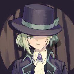  1girl absurdres ascot blue_bow boater_hat bow brooch brown_background coat collared_shirt curtains grey_eyes grey_hair hair_bun hashtag-only_commentary hat hat_bow hat_over_one_eye highres jewelry lbkei looking_at_viewer one_eye_covered open_mouth portrait purple_coat purple_hat reverse:1999 shadow shirt short_hair single_side_bun solo spotlight straight-on vertin_(reverse:1999) white_ascot white_shirt 