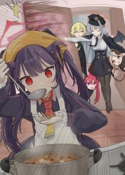  5girls ^_^ absurdres akari_(blue_archive) apron black_hair black_hat black_pantyhose blonde_hair blue_archive braid breasts closed_eyes commentary cooking_pot door emphasis_lines food fuuka_(blue_archive) gourmet_research_society_(blue_archive) hair_between_eyes hair_ornament hairclip halo haruna_(blue_archive) hat headscarf highres holding holding_ladle horns izumi_(blue_archive) junko_(blue_archive) ladle long_hair long_sleeves mosae multiple_girls necktie open_mouth pantyhose pointy_ears red_eyes red_hair shirt side_braid skirt sweat symbol-only_commentary tail white_apron 